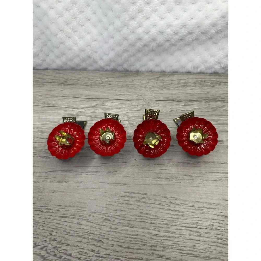 Vintage Red Metal Flower Christmas Tree Candle Holder Clips Set of 4 Mid Century